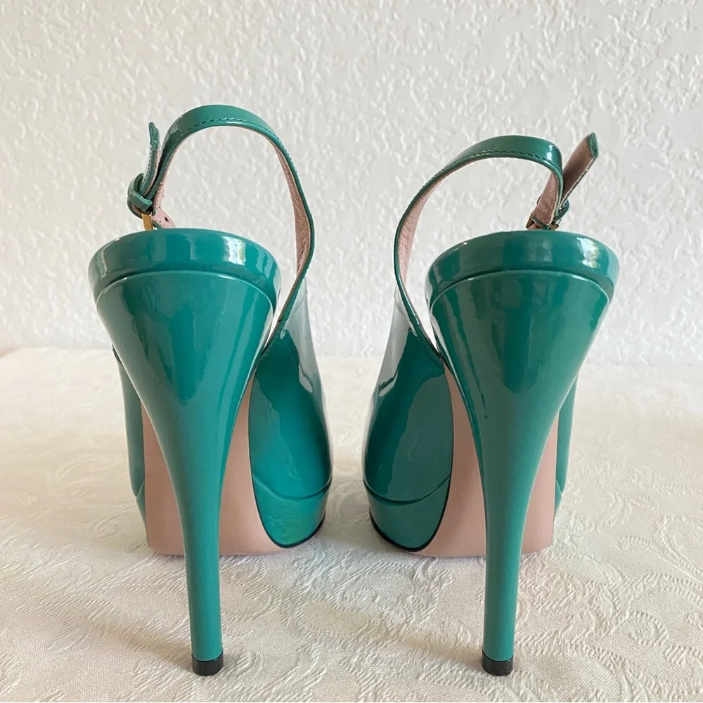 Gucci blue green patent leather peep toe platform sandals